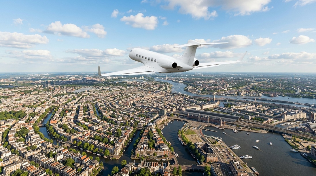 private jet flight over Amsterdam