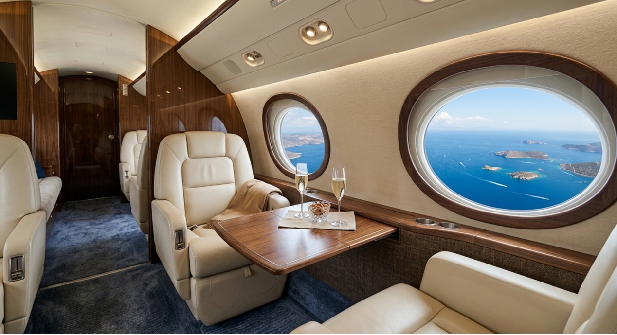 private jet cabin view Aegean Sea Greek islands
