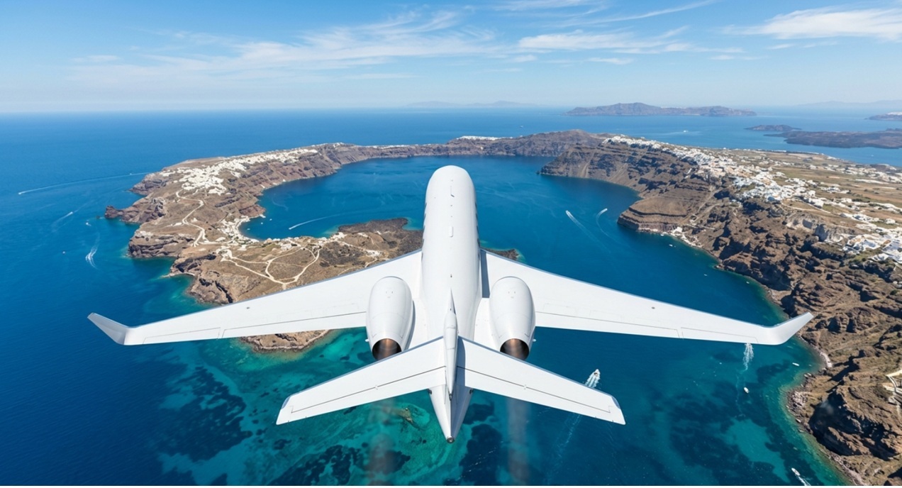 private jet flight over Santorini caldera Greece