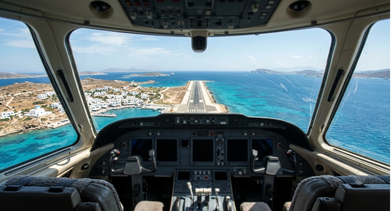 private jet flight over Santorini caldera Greece