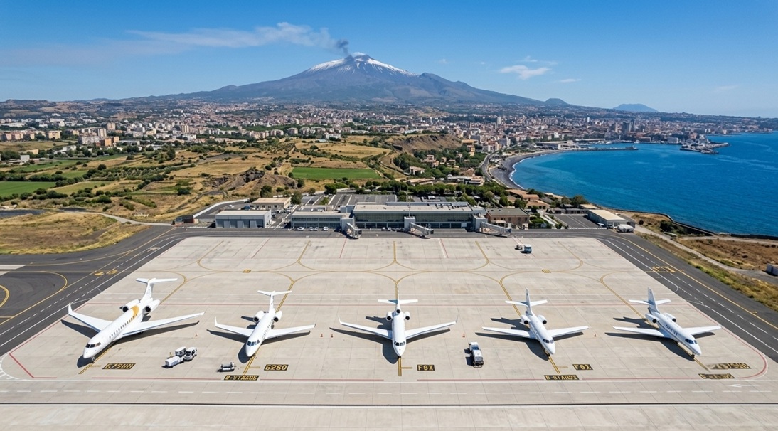 private jets at Catania airport with Etna