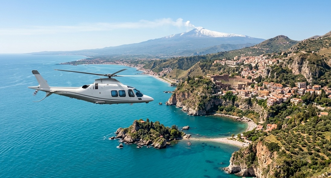helicopter transfer over the coast near Taormina