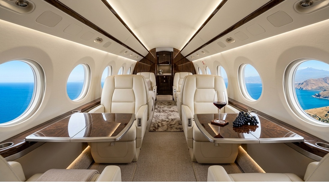 private jet cabin interior with a glass of Etna wine