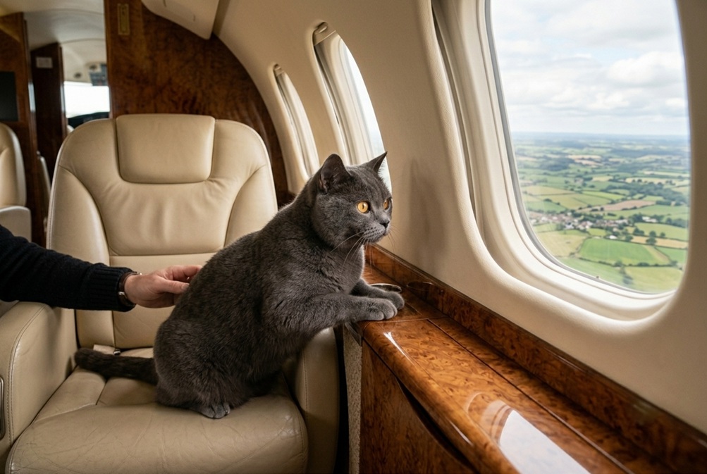 cat looking out of a private jet window over England