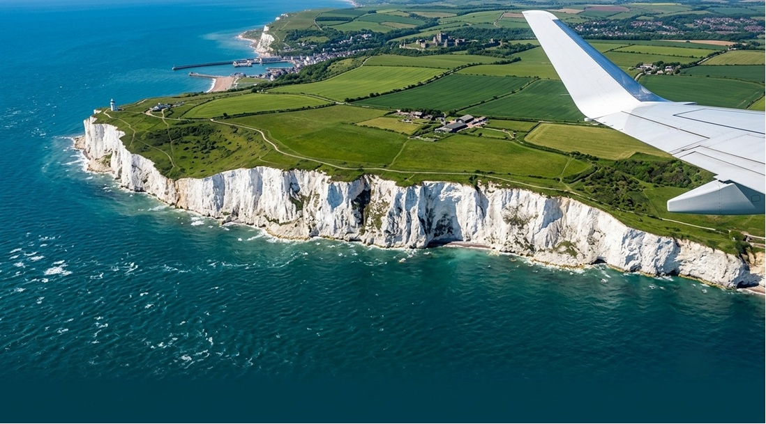 private jet over the white cliffs of Dover England