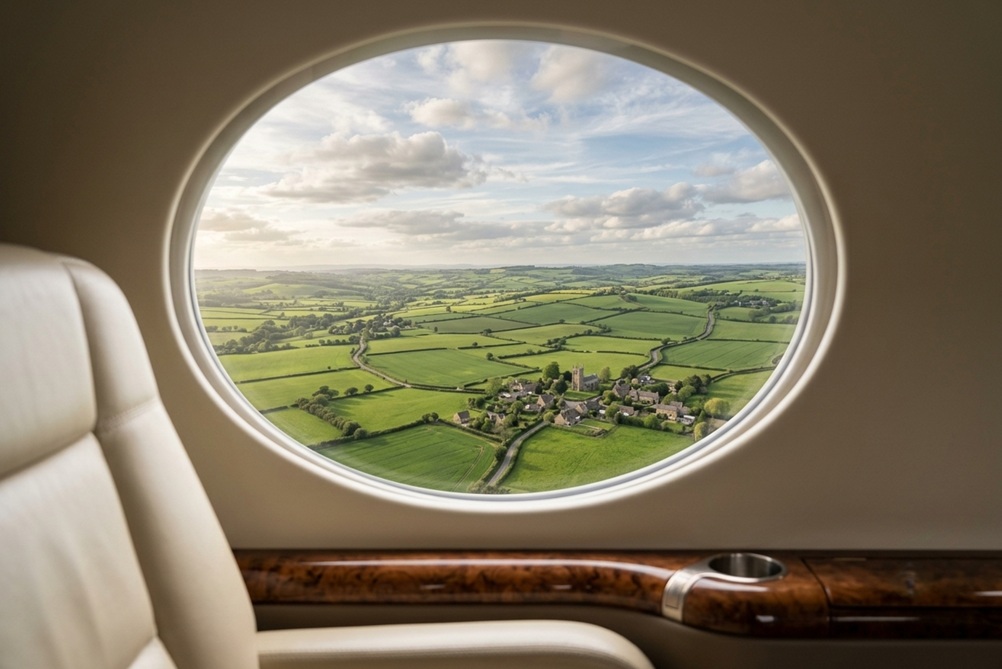 view of the English countryside from a private jet