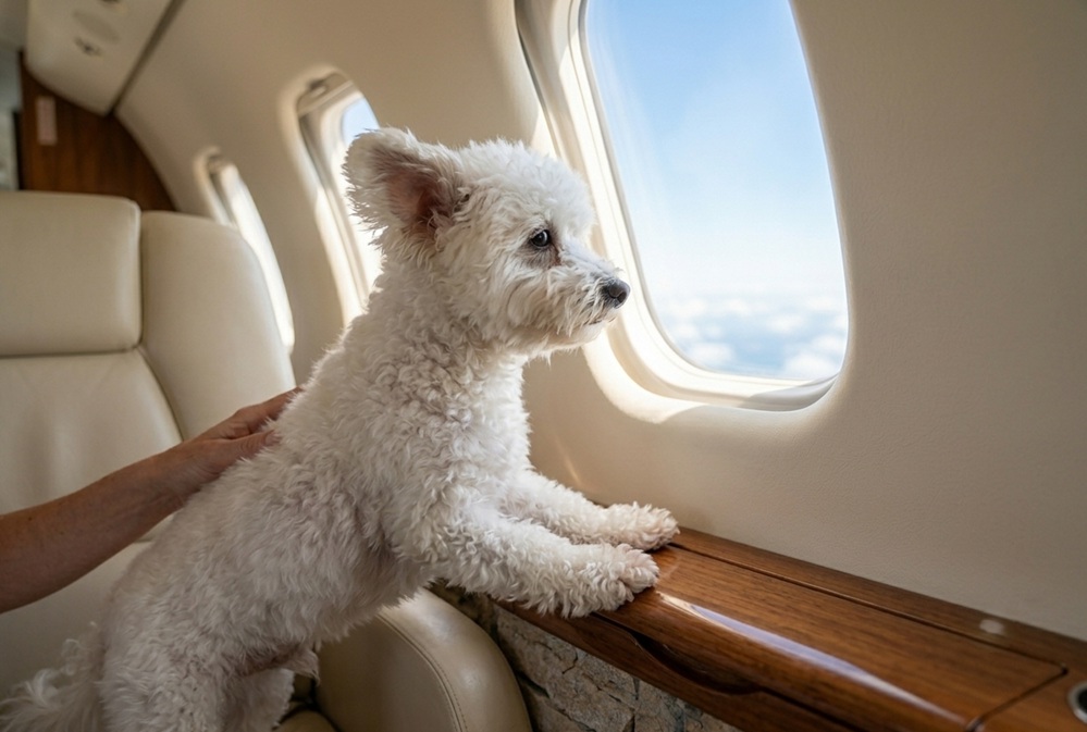 dog looking out of a private jet window on a flight to Figari