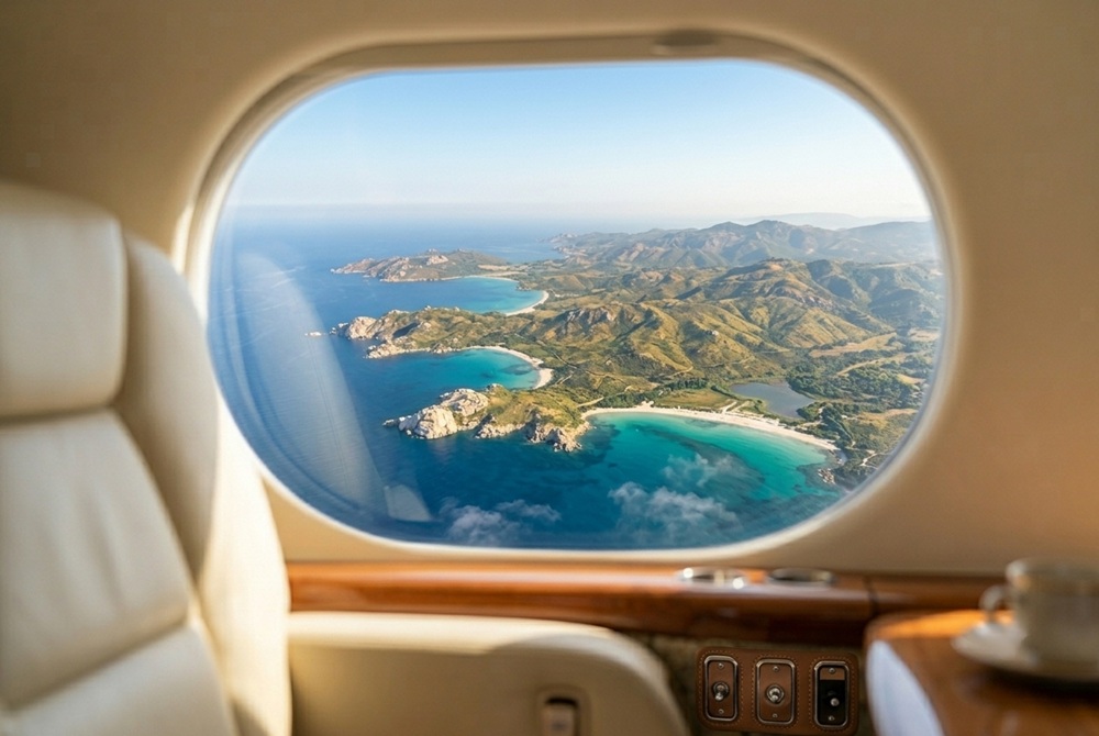 view of Corsica from a private jet window