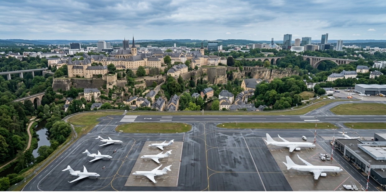 private jets at Luxembourg Findel airport aerial view