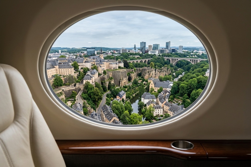 view of Luxembourg City from a private jet window