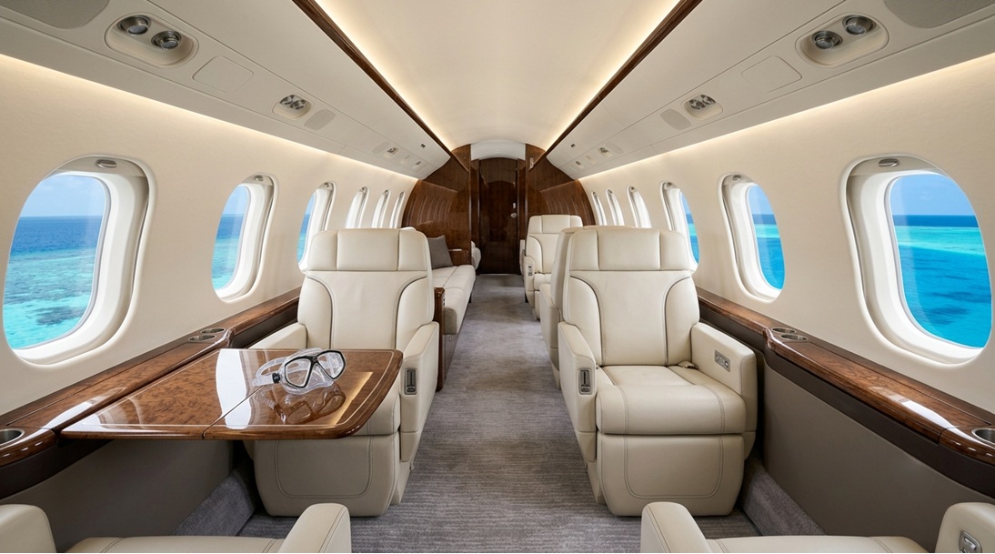 private jet cabin interior with snorkelling goggles