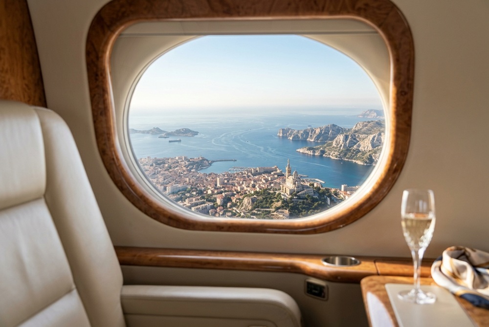 view of Marseille from a private jet window
