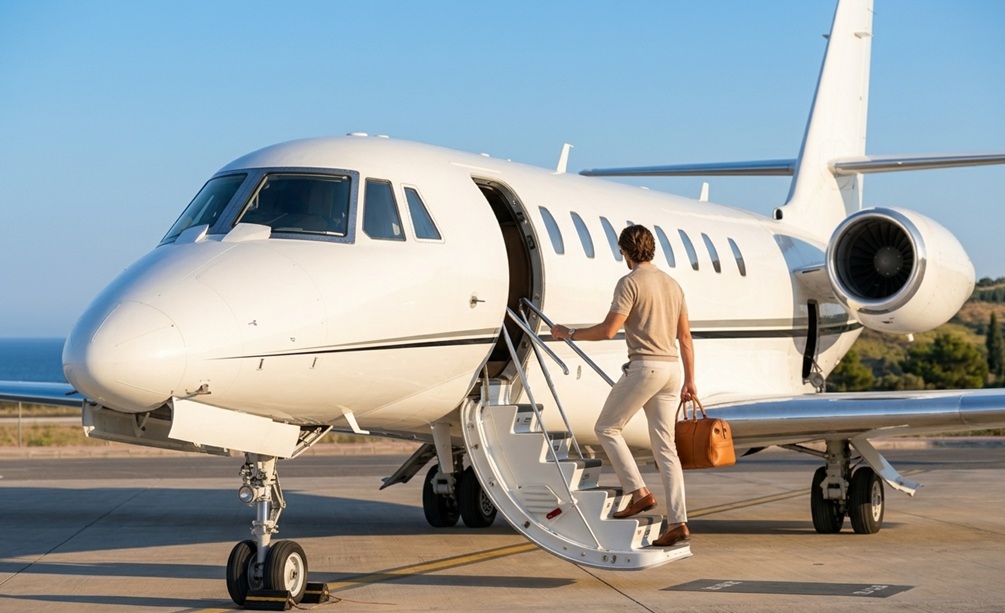 boarding a private jet to Rhodes