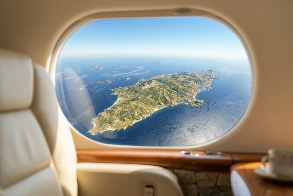 view of Rhodes from a private jet window