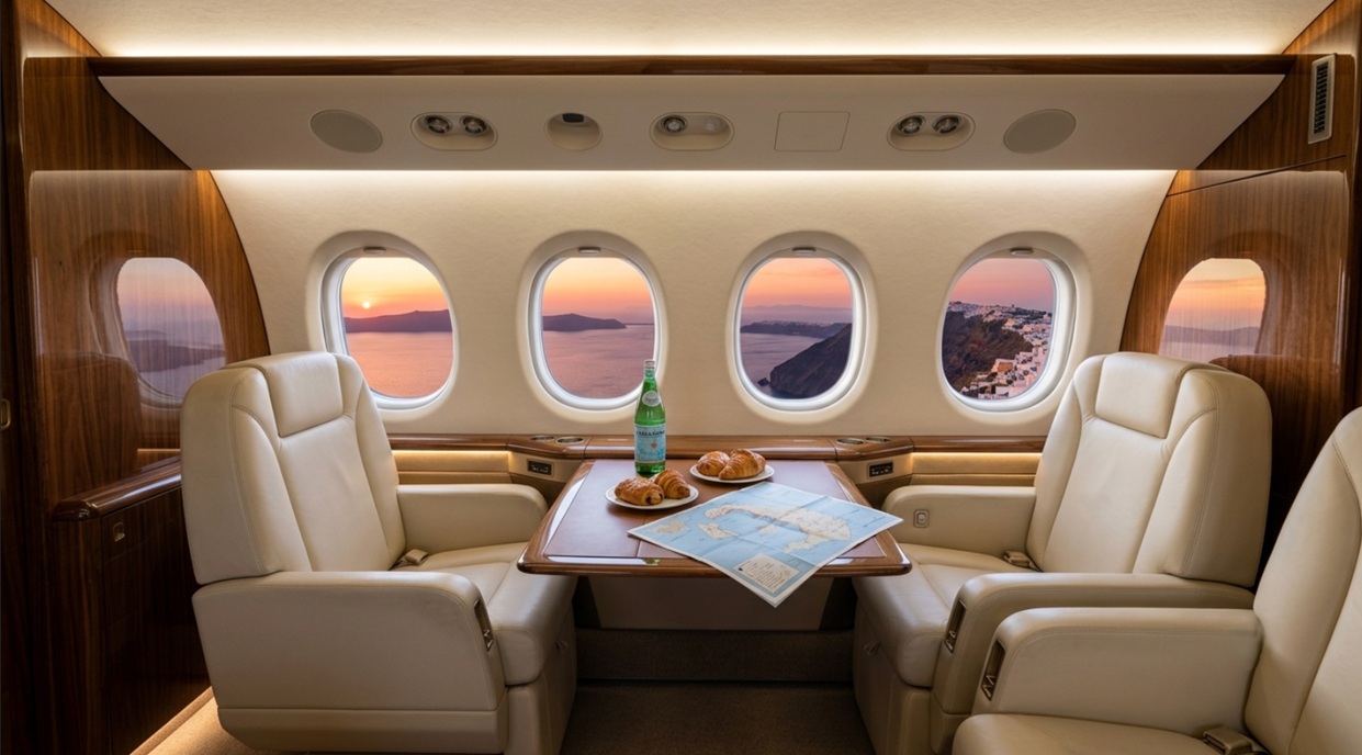 luxury private jet cabin Santorini
