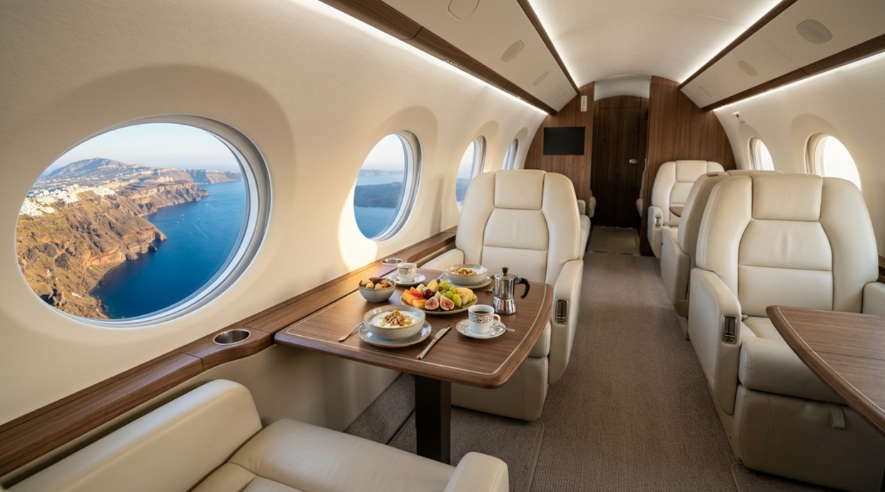 private jet flight over Santorini caldera