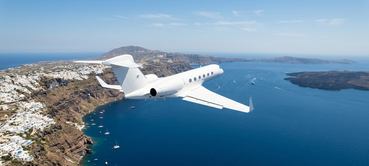 private jet flight over Santorini caldera