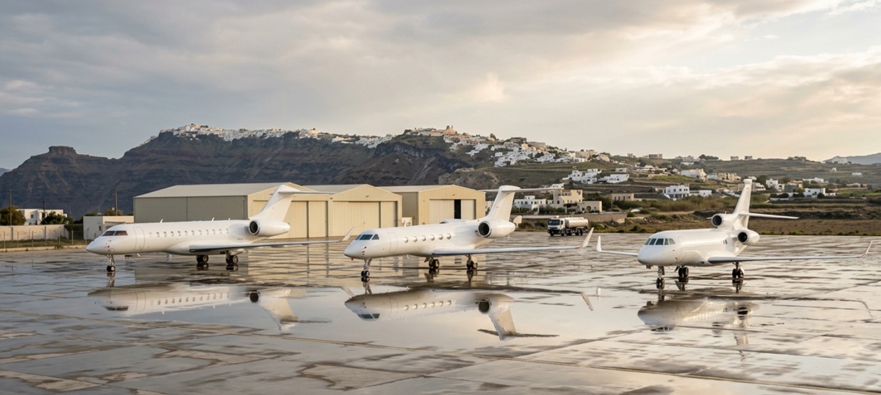 private jets apron Santorini Airport