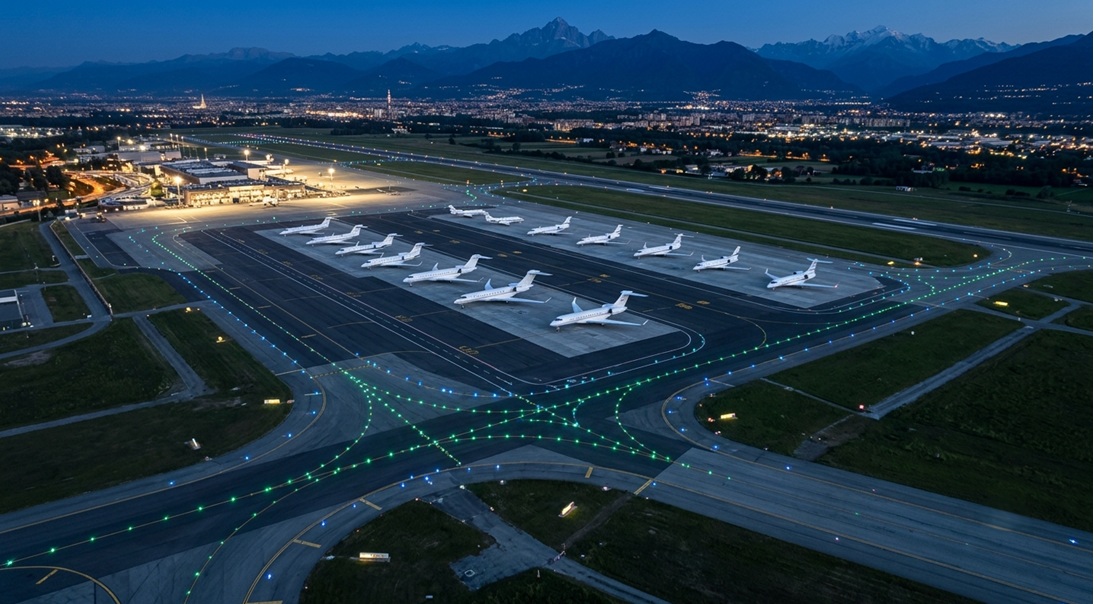 private jets Turin Airport evening