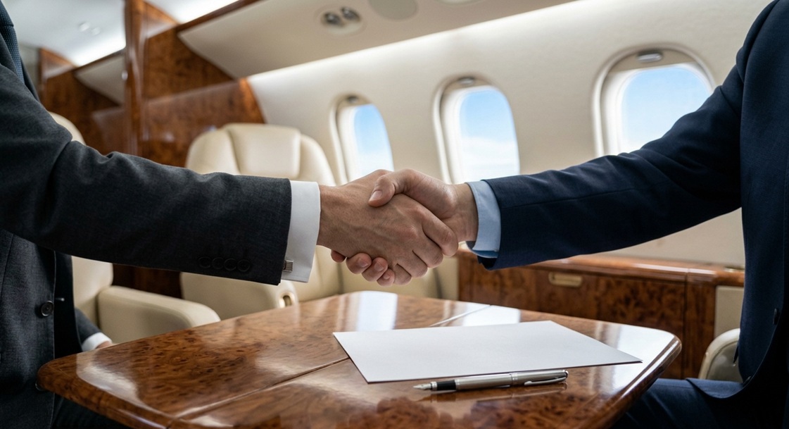 private jet charter contract signing on board