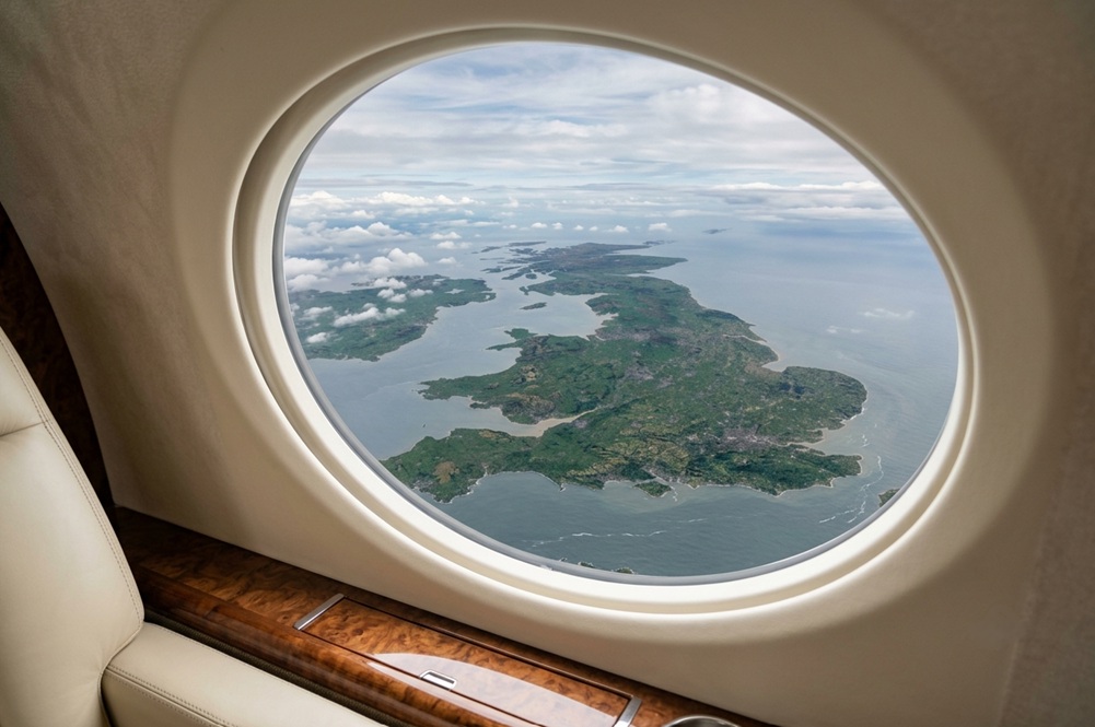 view of the British Isles from a private jet