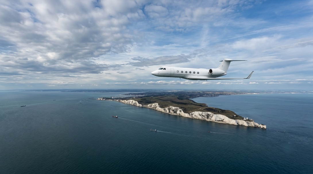 private jet over the English Channel departing UK