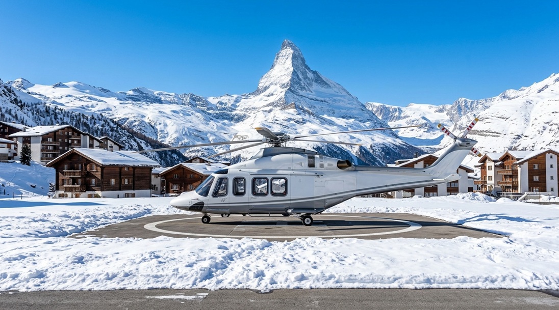 private helicopter on a mountain helipad near Zermatt