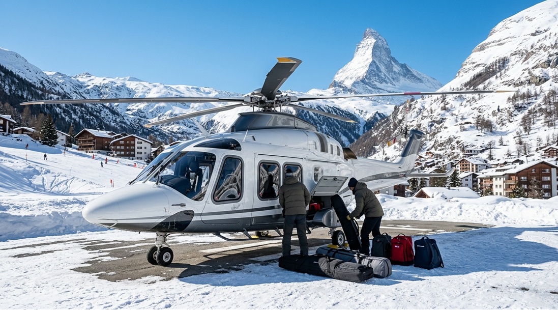loading ski equipment onto a helicopter near Zermatt