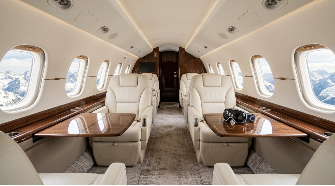 private jet cabin interior with ski goggles
