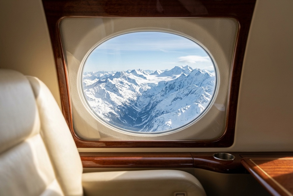 view of the snowy Alps from a private jet window