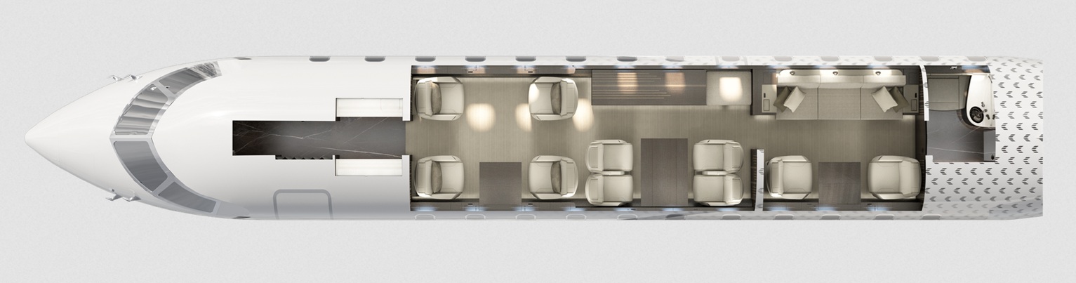 Global 5500 cabin seating layout - three zones