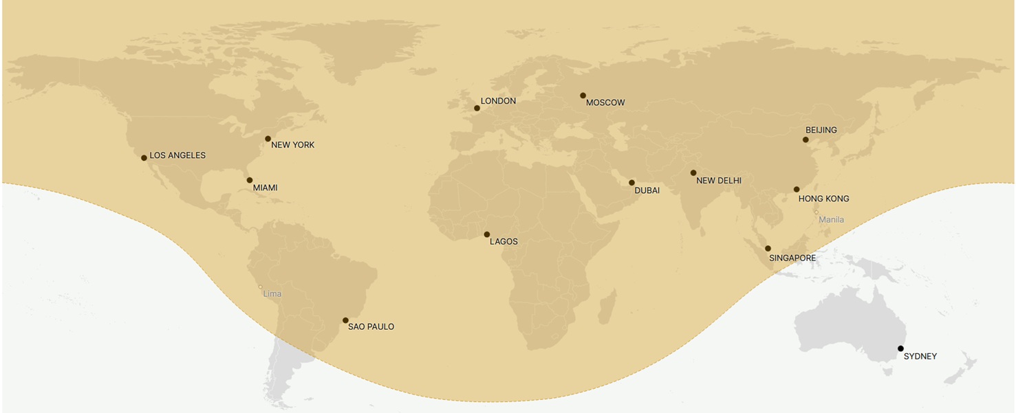 Global 6500 range map from London - 6,600 nm