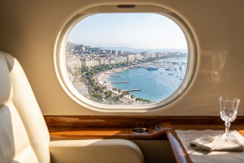 view of the Côte d'Azur from a private jet window